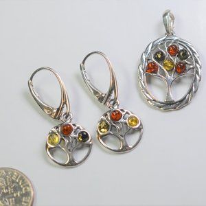 Baltic Amber Tree of Life Pendant and Earrings